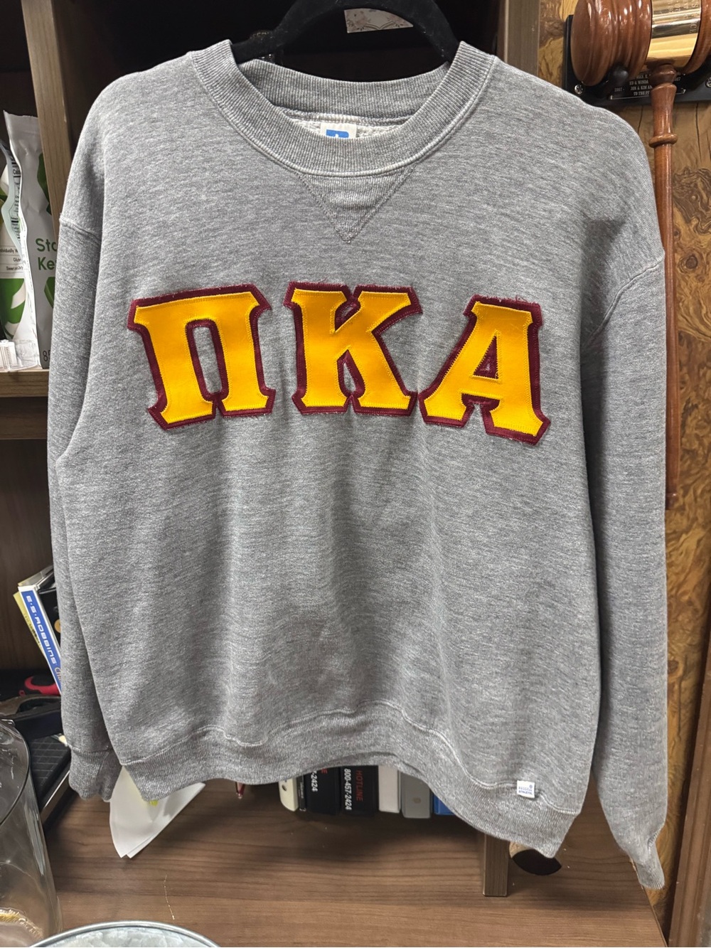 VINTAGE Russell Athletic Gray Crewneck with Gold and Maroon Greek Letters